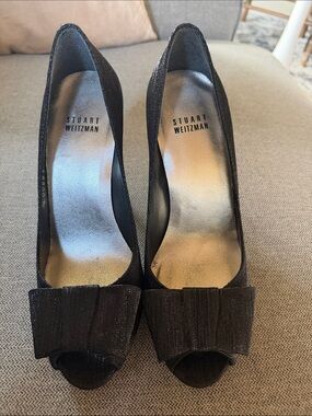Stuart Weitzman Black Peep-Toe Bow Pumps with Subtle Shine
